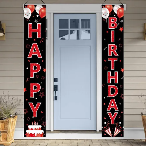 Vista 6 de Cartel de cumpleaños rojo y negro para puerta de cumpleaños para hombres y mujeres, letrero de feliz cumpleaños rojo y negro, suministros de fiesta