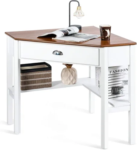Vista 11 de RELAX4LIFE Escritorio esquinero para computadora triangular con cajón y estantes, mesa estable para computadora portátil, escritorio para oficina