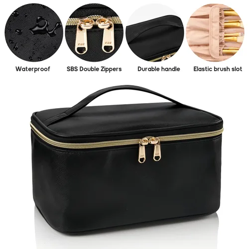Vista 4 de OCHEAL Bolsa de maquillaje, bolsa de cosméticos portátil, organizador de maquillaje de viaje de gran capacidad, color negro para mujeres, bolsa