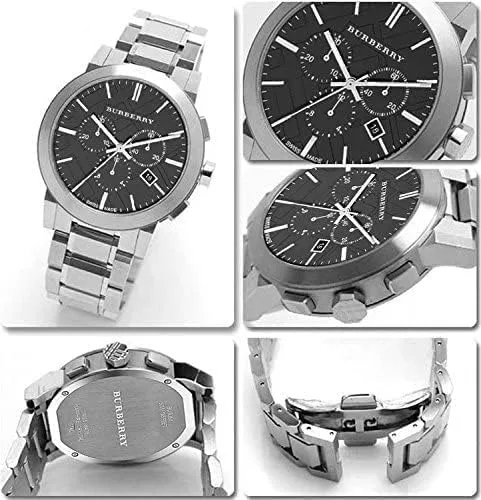 Vista 5 de BURBERRY Reloj de pulsera de acero inoxidable con cuadros grandes BU9351 para mujer, PlataNegro, Cronógrafo