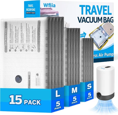 Vista 8 de Bolsas de vacío para viajes con bomba recargable, 3 tamaños de bolsas de sellado al vacío para ropa, bolsas de viaje de compresión al vacío