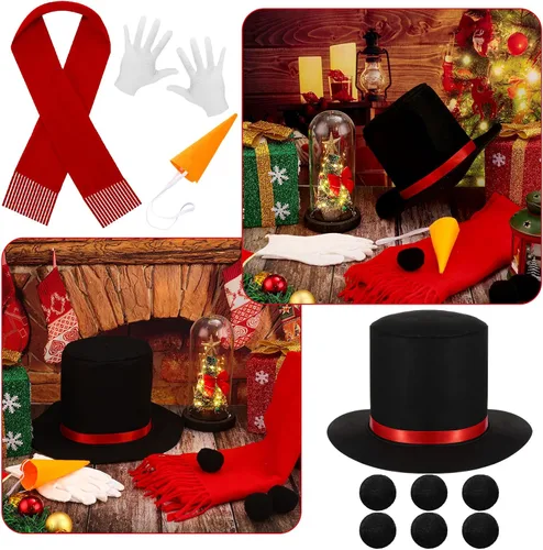Vista 4 de Snowman Costume Kit Christmas Winter Frosty Costume Snowman Hat with Red Band Carrot Nose Scarf Gloves Pom Pom Balls