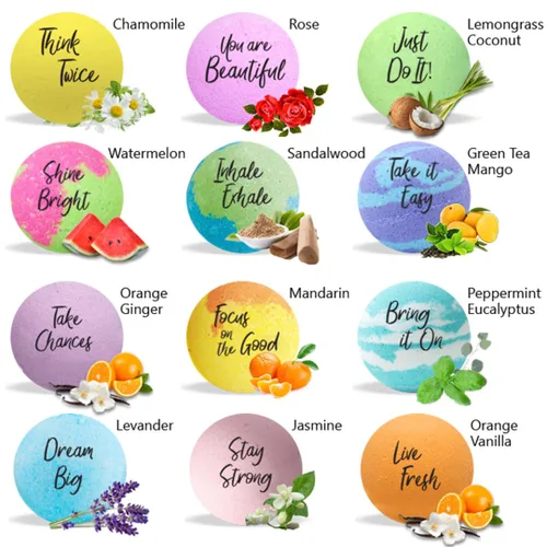 Vista 2 de Bombas de baño para mujer, relajantes con mensajes inspiradores, 12 bombas de baño naturales y orgánicas con aceites esenciales y manteca de karité