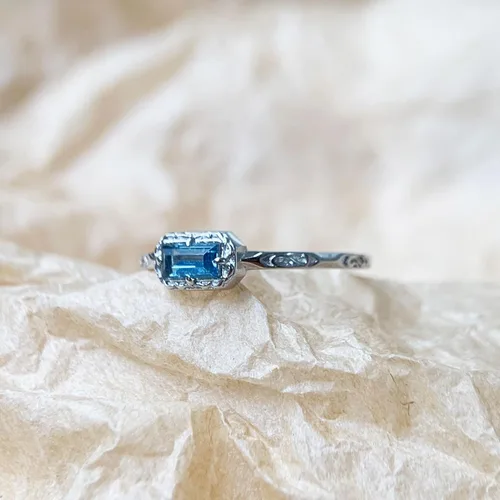 Vista 6 de Baguette - Anillo de boda para mujer, solitario, circonita cúbica, ópalo, rosa, zafiro, musgo, ágata, apilables, vintage, filigrana, delicados