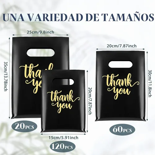 Vista 2 de Eersida 200 bolsas de plástico de agradecimiento con asas, bolsas de plástico troqueladas, bolsas de mercancía de compras a granel, 3 tamaños Negro