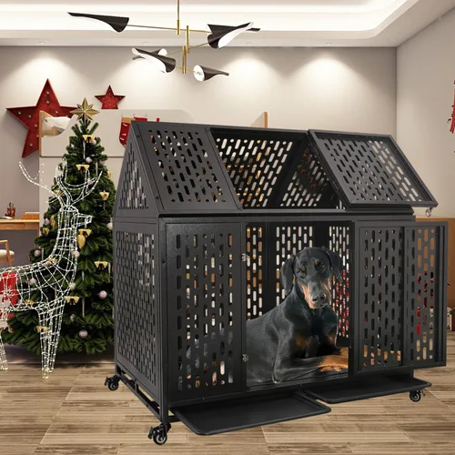 Vista 6 de Jaula para perros resistente de 44 pulgadas con 4 ruedas, perrera indestructible a prueba de escapes con cerraduras de refuerzo y puerta doble