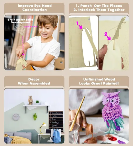 Vista 3 de Puzzled Rompecabezas 3D de madera de búho, kit de modelo de construcción de artesanía, divertido juguete de madera único y educativo