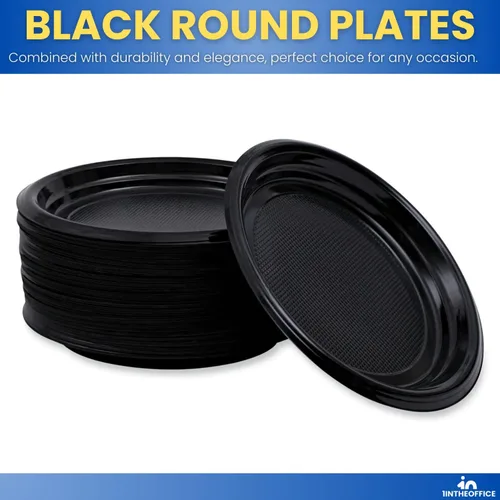 Vista 3 de Platos redondos de postre de plástico negro de 6 pulgadas, desechables, paquete de 125