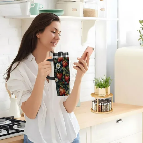 Vista 9 de Botella de agua de viaje de boca ancha con diseño de fresas de frutas, tapa a prueba de fugas y pajita, taza de té decorativa con tapa para agua, té