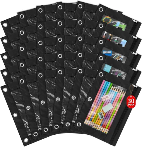 Vista 8 de IKAYAS Paquete de 5 bolsas negras para lápices de 3 anillos con cremallera a granel, 3 bolsas de lápices para carpetas de anillos, estuche