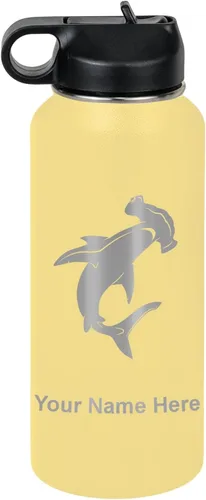 Vista 57 de LaserGram Botella de agua personalizada, tiburón martillo, acero inoxidable de doble pared aislada al vacío con popote superior, regalo grabado
