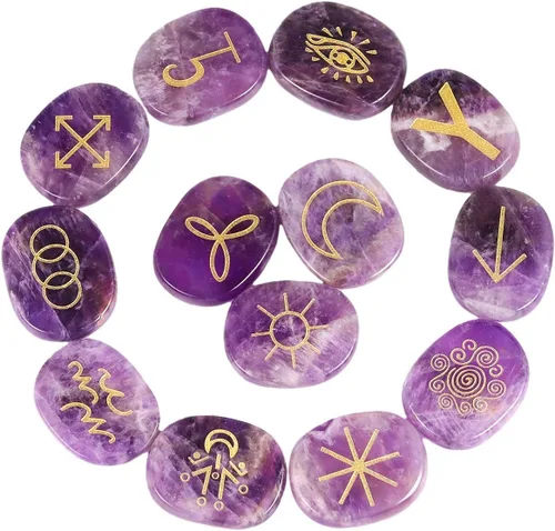 Vista 18 de Rockcloud Cristal curativo negro obsidiana amatista gitana símbolo brujas runas piedras chakras piedra de palma equilibrio Reiki, 10 piezas
