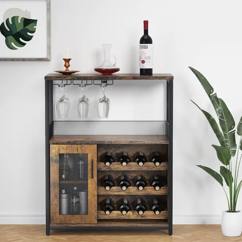 Vista 10 de IDEALHOUSE Armario de bar de vinos de 3 niveles con estante y cajón desmontable para vinos, aparador industrial y gabinete de buffet con soporte