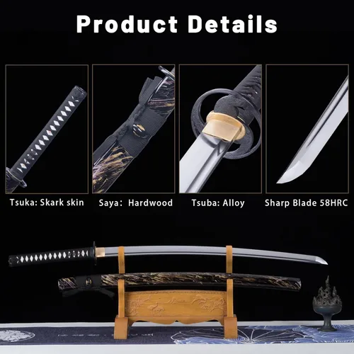 Vista 3 de Katana de entrenamiento, espada tradicional hecha a mano, Katanas de espiga completa de acero de resorte 9260, auténticas espadas samuráis