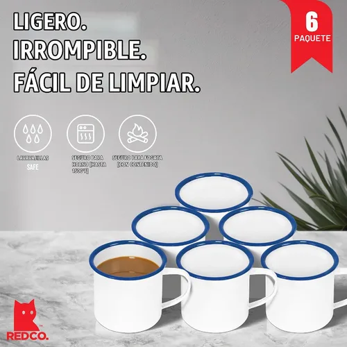 Vista 4 de Red Co. Juego de 6 tazas redondas de café y té de metal esmaltado de 12 onzas con asa, borde blanco sólido y azul marino
