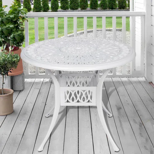 Vista 10 de Mesa de comedor al aire libre de 30.5 pulgadas, cuadrada, para patio, mesa de bistró, de aluminio fundido de bronce, mesa grande rústica con agujero