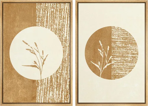 Vista 132 de SIGNFORD Lienzo enmarcado para pared, juego de arte geométrico retro de mediados de siglo, plantas forestales, ilustraciones con formas abstractas