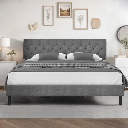 Vista 13 de HOMBCK Base de cama de tamaño individual con cabecera, base de cama tapizada con plataforma de lino para niños, base de cama de tamaño individual