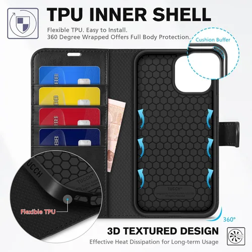 Vista 5 de TUCCH Funda tipo billetera para iPhone 13 Pro Max, con bloqueo RFID, con 4 ranuras para tarjetas, con soporte, a prueba de golpes, con carcasa