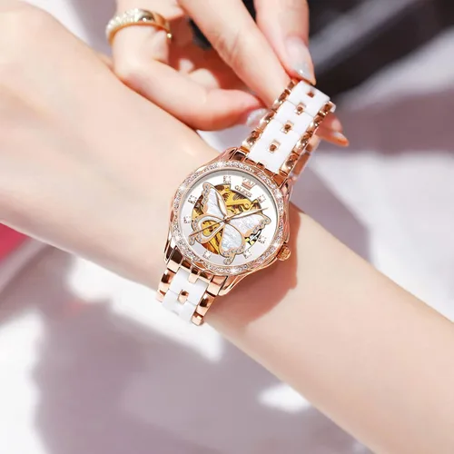Vista 3 de OLEVS Elegante reloj automático para mujer elegante de cara grande con diamante resistente al agua correa de cerámica de acero inoxidable de dos