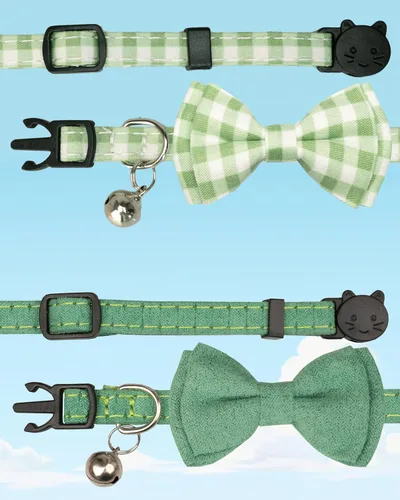 Vista 6 de Collar de gato con campana para niño y niña, pajarita de seguridad, a cuadros, color sólido, conjunto de regalo, lindo festivo, [2 piezas], verde