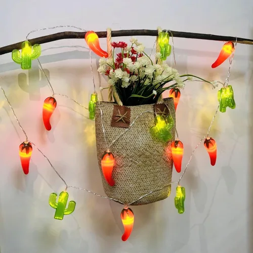 Vista 3 de Guirnalda de luces LED con temática tropical, chile, cactus, funciona con pilas, para corona de vaquero del desierto de Texas, dormitorio, boda