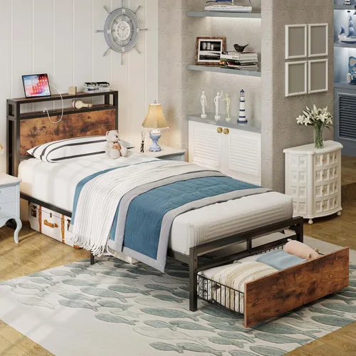 Vista 12 de LIKIMIO - Marco de cama individual con cajón y estación de carga, color marrón oscuro 2-Tier Storage Headboard with Metal Construction Frame, No