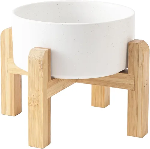 Vista 14 de Cuenco elevado de cerámica de 6 pulgadas para perros – Cuenco de comida y agua para perros de 30 onzas con soporte elevado de bambú antideslizante