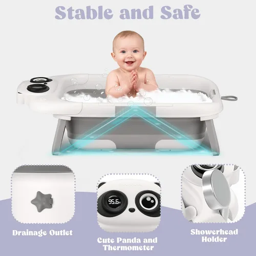 Vista 5 de Bañera plegable para bebé, 0-24 meses, termómetro, cojín suave (gris) Pliegues planos, portátiles, antideslizantes, para recién nacidos a niños