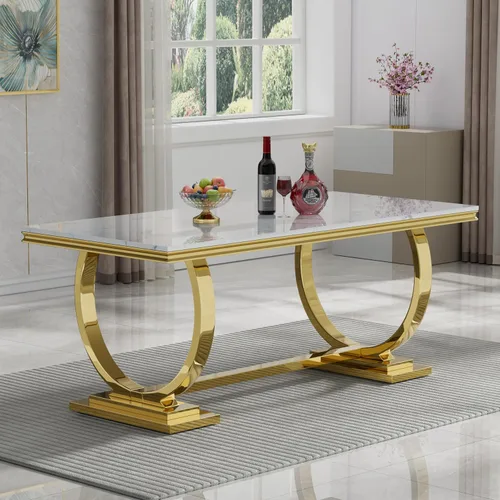Vista 6 de HomVent Juego de mesa de comedor moderna de mármol sintético para 4 personas, mesa de cocina rectangular con 4 sillas beige (dorado)
