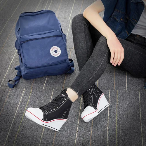 Vista 5 de Zapatos deportivos de cuña para mujer, plataforma de tacón alto, zapatos de lona con cordones y cremallera, zapatos de tenis de plataforma