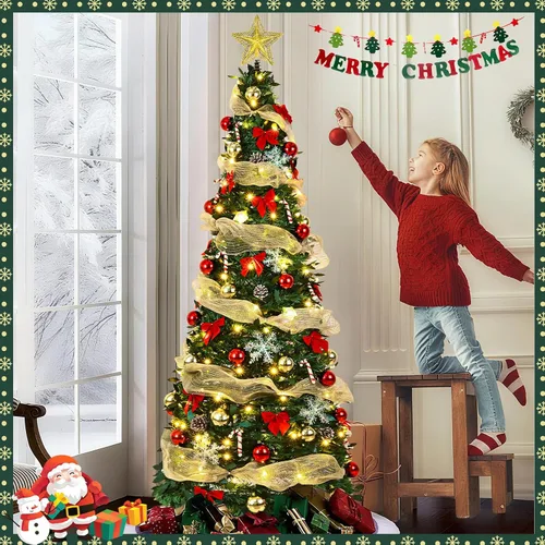 Vista 2 de Árbol de Navidad artificial preiluminado de 1,8 m, con control remoto, 150 luces LED cálidas, cinta dorada, fácil de montar, plegable