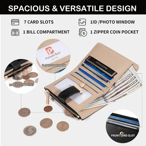 Vista 3 de Billetera pequeña para mujer, plegable, de piel suave, tarjetero con ventana de identificación, con cremallera, bolsillo para monedas, carteras