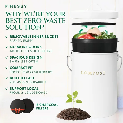 Vista 2 de Cubo de compost de 1.3 galones blanco para interior, sin olor, con tapa, para compostaje de residuos de alimentos, contenedor de cocina, contenedor