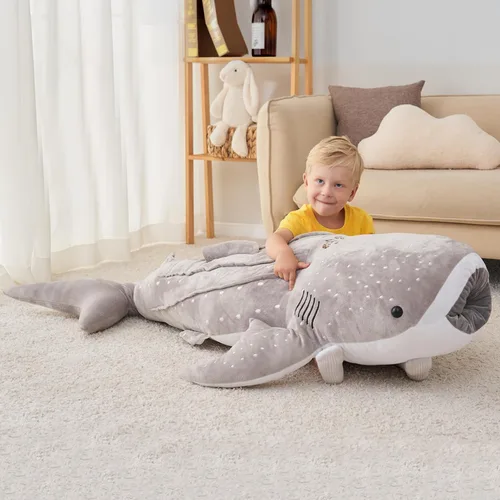 Vista 4 de Animal de Peluche Gigante de Tiburón Ballena Gris de 48 Pulgadas Tiburón Ballena Abrazable Peluche Almohada de Tiburón para Niños y Adultos, Regalo