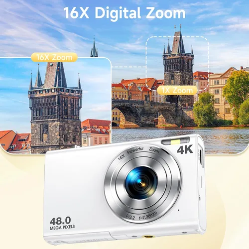 Vista 5 de Cámara digital, enfoque automático de 48 megapíxeles UHD 4K para videoblogs, zoom digital 16X, cámara digital compacta portátil de apuntar