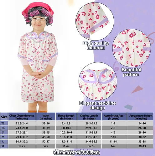 Vista 2 de 8 piezas de disfraz de anciana para niños, disfraz de abuela para niños, vestido de abuelita, peluca plegable, gafas de muleta para Halloween