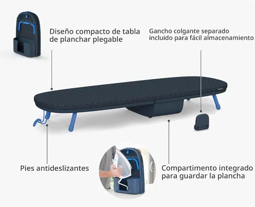 Vista 3 de Joseph Joseph Pocket Plus - Tabla de planchar compacta plegable para ahorrar espacio con soporte para plancha y montaje en pared, Azul/Negro