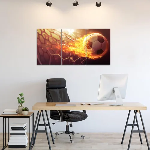 Vista 5 de RnnJoile Arte de pared de fútbol de 3 piezas, balón de fútbol, portería de fuego, lienzo, pintura temática deportiva, impresiones para niños