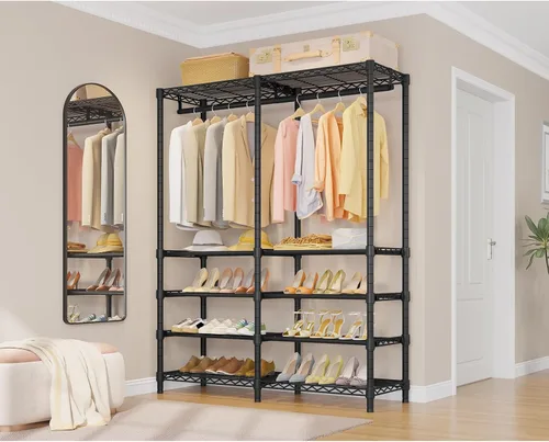 Vista 4 de VIPEK S2 Perchero resistente para ropa con estantes para zapatos, perchero independiente con estante para zapatos de 6 niveles, doble barra