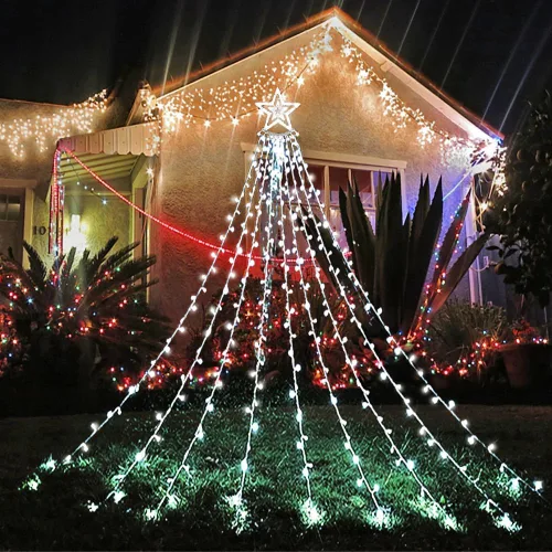 Vista 5 de Aokudoni - Decoración de Navidad para exterior, 12.6 pies, 350 luces LED, 8 modos, luces de estrella de Navidad para exterior para casa, patio, Azul