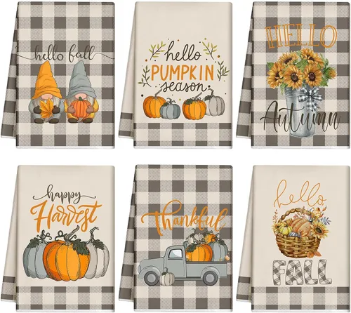 Vista 12 de Mixweer - 6 toallas de cocina de otoño de 16 x 24 pulgadas, toalla de mano de calabaza en blanco y negro de 16 x 24 pulgadas, paño absorbente