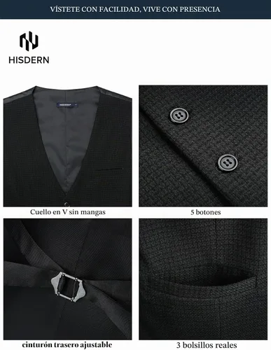 Vista 5 de HISDERN Vest 101 - Chaleco de traje ajustado para hombre con 3 bolsillos para negocios, formal, boda, baile de graduación y esmoquin casual a1-Negro