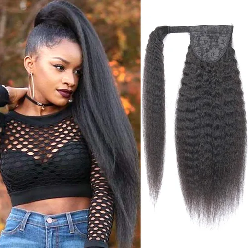 Vista 18 de Cola de caballo de cabello humano rizado con cordón brasileño Remy Extensin 3C Kinky Curly Hair Clip en pieza de pelo color natural sedoso suave 10