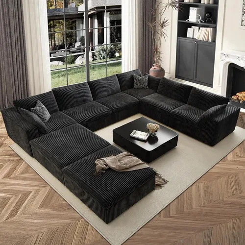 Vista 61 de 118" Cloud Couch Oversized Modular Sectional Sofa, Boneless L-Shaped 6 Seater Deep Seat Couch with Ottoman, Soft Corduroy Upholstery, DIY Negro