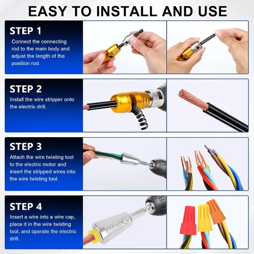 Vista 6 de Pelacables para taladro, herramienta de pelado de cables eléctricos nueva actualización 2025 para calibre 14/12/10/8/6 AWG, para pelado y torsión
