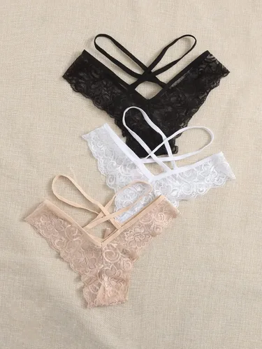 Vista 2 de WDIRARA Conjunto de 3 bragas de encaje floral con tirantes cruzados para mujer