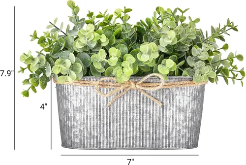 Vista 8 de Dahey Florero de metal con eucalipto artificial, rústico, shabby chic, decoración de granja y plantas artificiales de eucalipto sintético