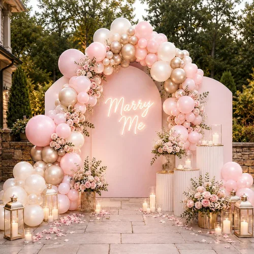 Vista 6 de Globos rosa y dorado, globo de látex rosa claro pastel de 12 pulgadas y blanco arena perla con globo metálico dorado champán beige para princesas