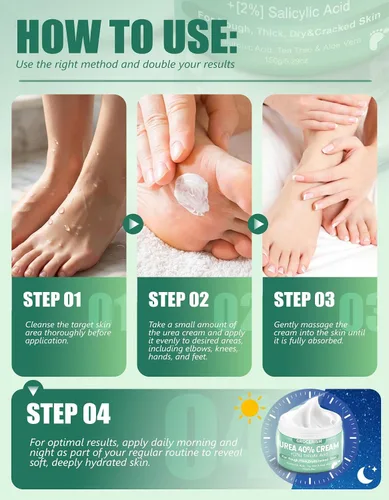 Vista 8 de Crema de urea 20 por ciento para pies más 2% ácido salicílico 5.29 oz Crema de pies y manos de máxima fuerza con ácido hialurónico, árbol de té